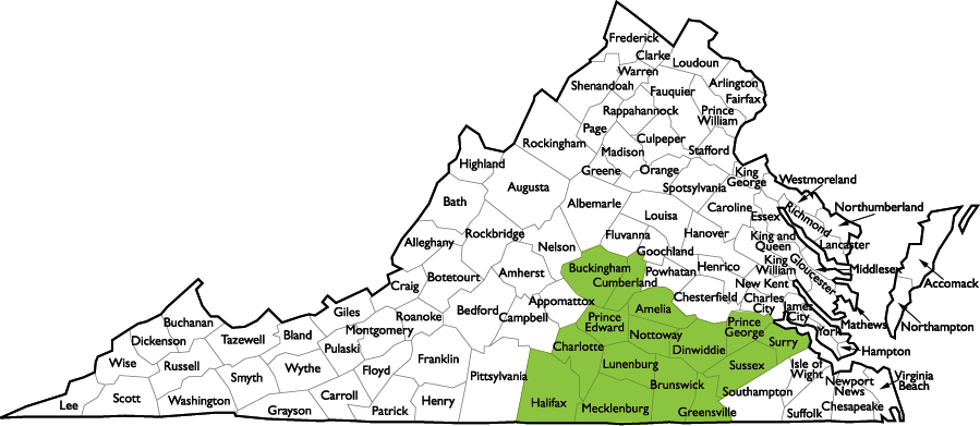 map showing the 15 counties served by the southern virginia area health education center