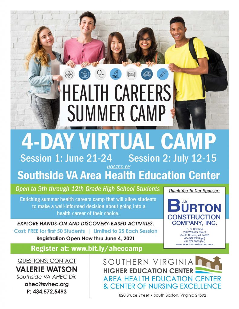 4-day, virtual health careers summer camp. Session 1 is June 21-24 and session 2 is July 12-15. Open to 9th-12th grade students. Register online at http://bit.ly/aheccamp.