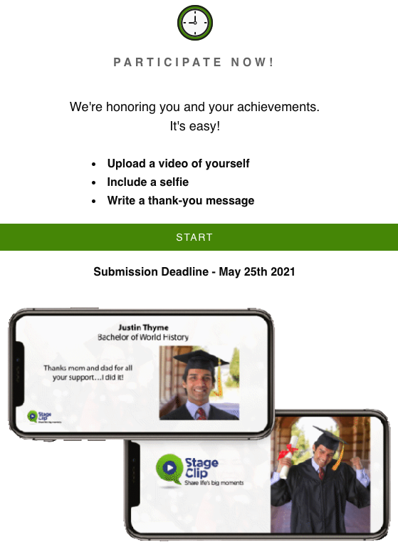 Image of student participation email to upload information to Stageclip.